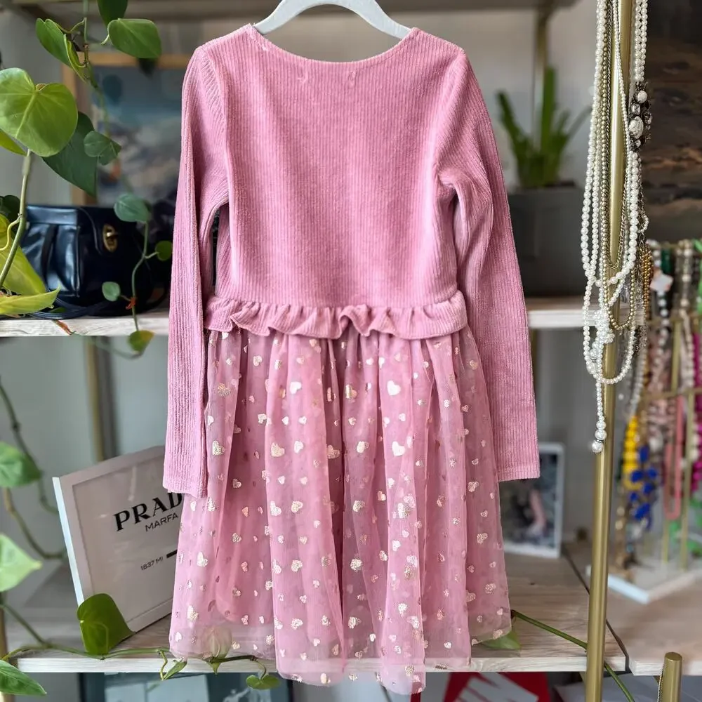 Young Hearts Pink Ribbed Tutu Dress Girls 6X Sequin Heart Gold Foil Whimsical